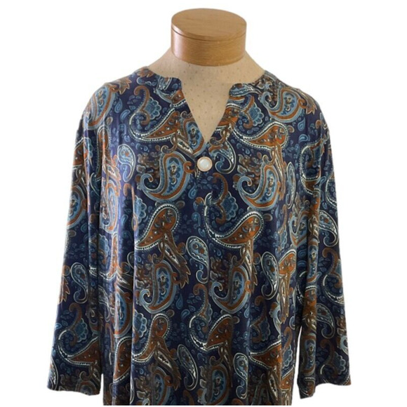Lienridy Women's 4X Blue Orange Tunic Blouse Top Paisley Print Long Sleeve New - Picture 10 of 11